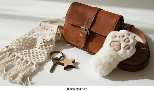 Brown leather bag with white tassel and cat paw accessory