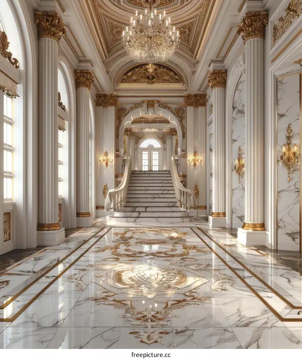 Opulent Hallway with Marble Floors and Columns
