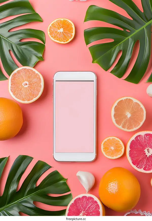 Flat Lay of White Smartphone with Tropical Fruits on Pink Background