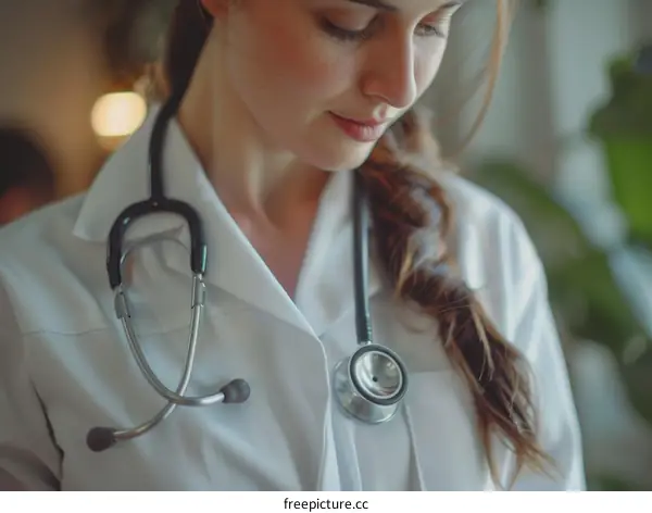 A female doctor wearing a white coat and stethoscope
