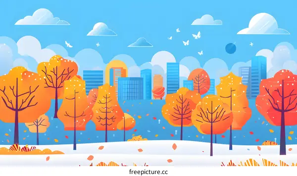 Autumn Cityscape with Fall Trees and Sky