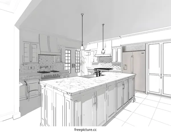 Kitchen Interior Design Sketch with Island and Appliances