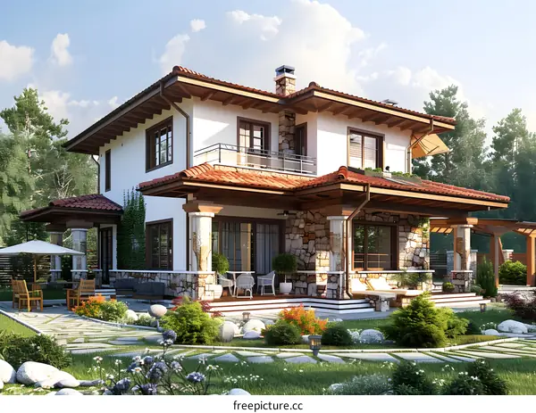 European house exterior with beautiful landscape