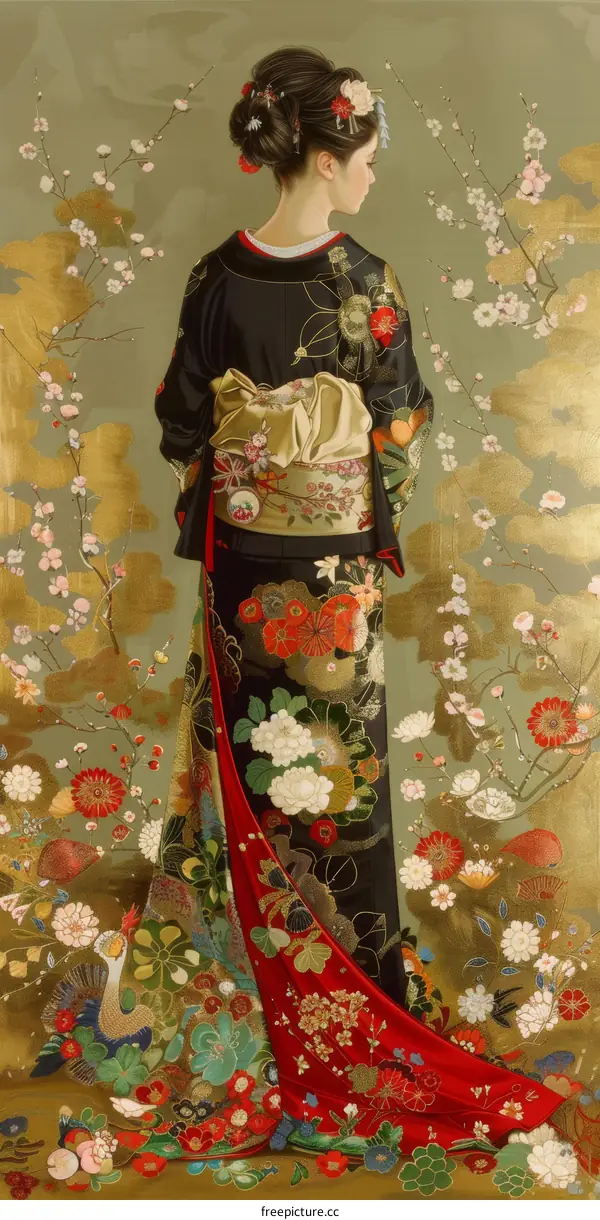 A woman wearing a kimono with a floral pattern and a red obi standing in a field of flowers and trees