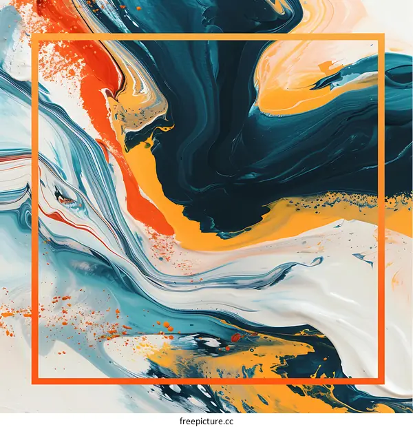 Abstract Acrylic Painting with Orange, Yellow, Blue and White Swirls