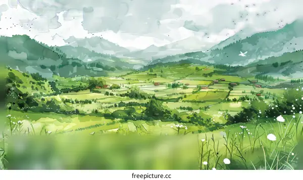 Watercolor Painting of a Green Valley