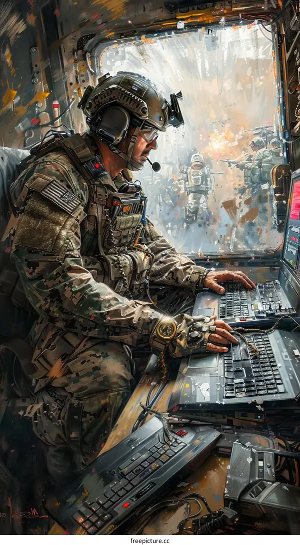 Soldier Using Computer on Battlefield