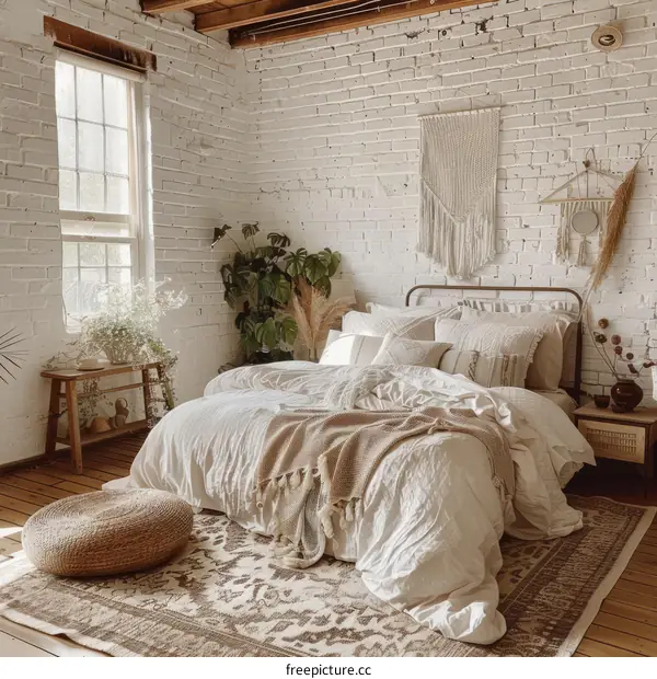 Bohemian Chic Bedroom with Plants and Woven Wall Hanging