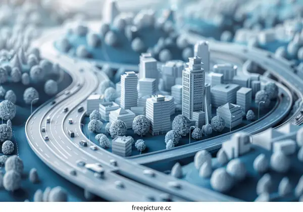 A miniature city model with blue and white color tone