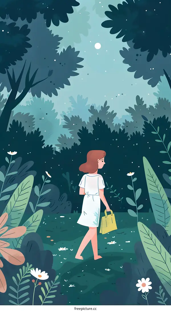 Woman Walking Through Forest at Night with a Bag