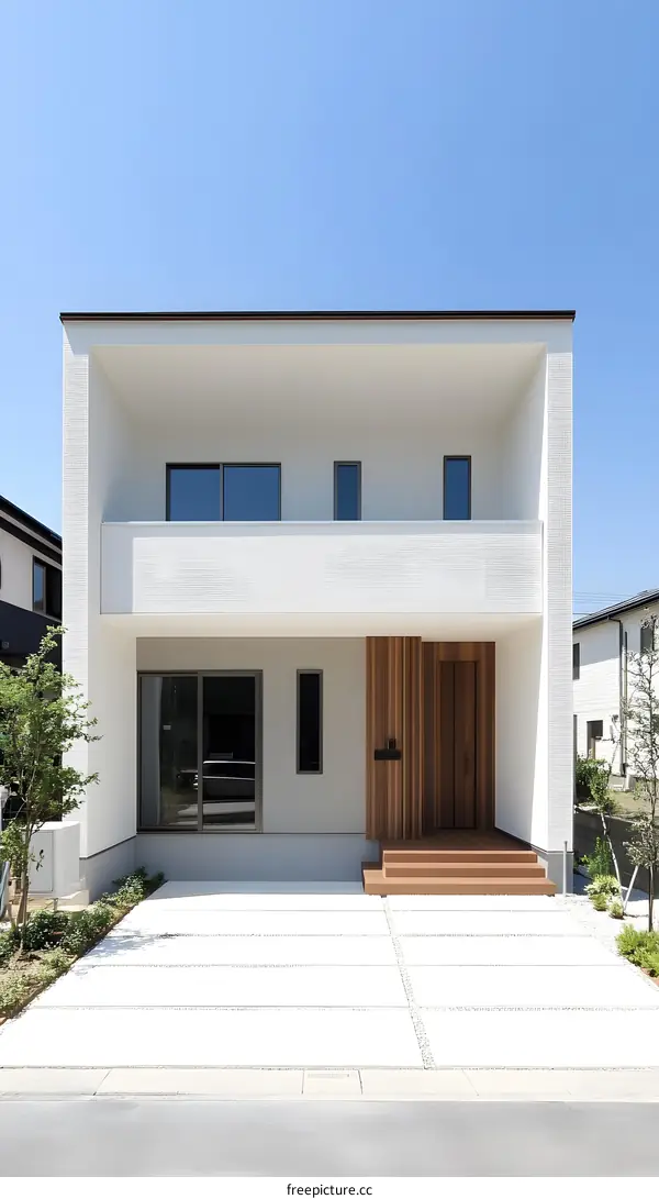 Modern White House with Wooden Door and Patio