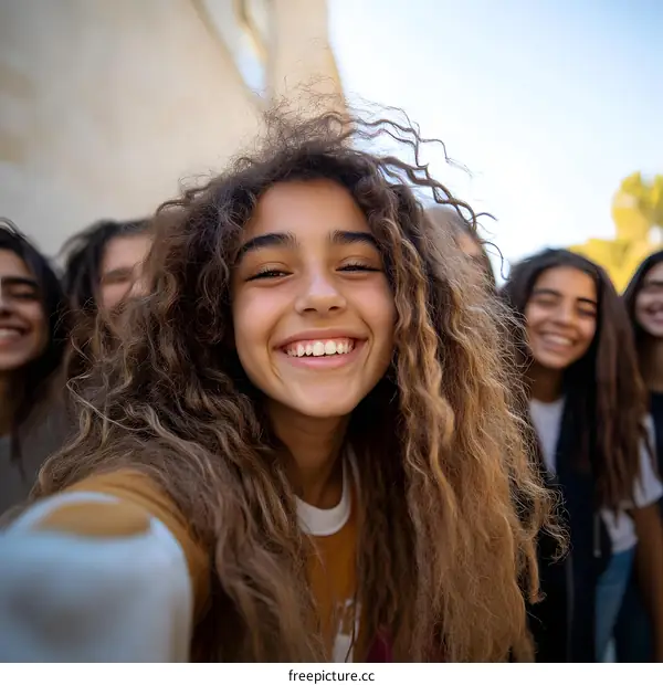 Group of Friends Taking Selfie With Big Smiles Outdoors