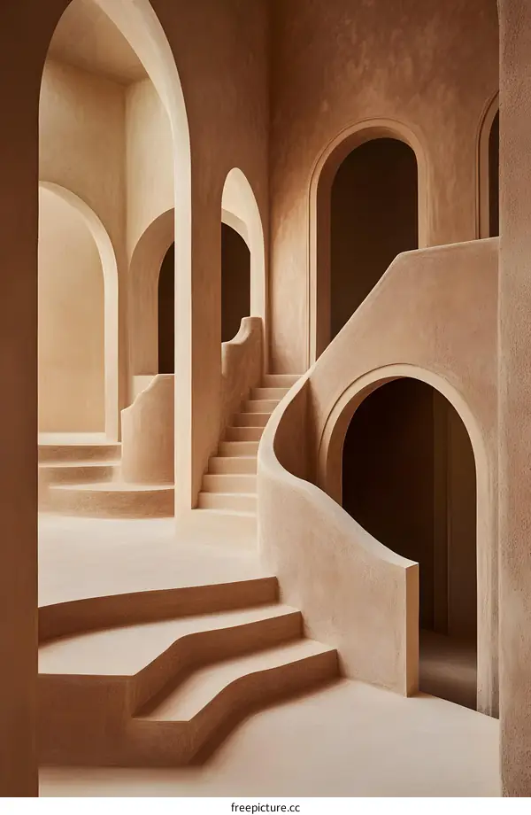 Modern Minimalist Staircase With Archways In Beige Tones