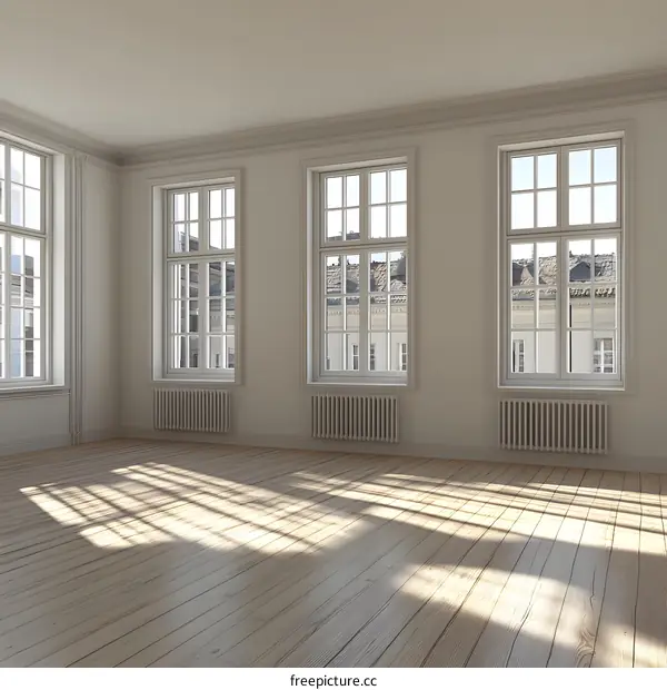 Empty Room with Three Windows and Sunlight on the Floor