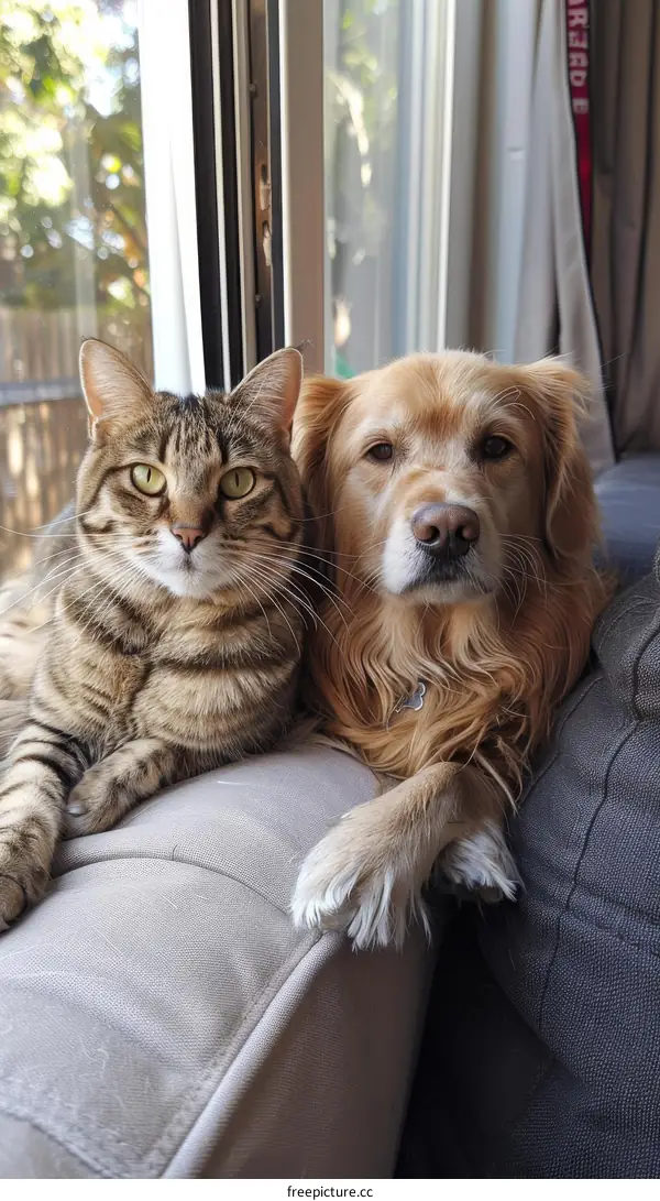 A cat and a dog are sitting on a couch looking out the window.