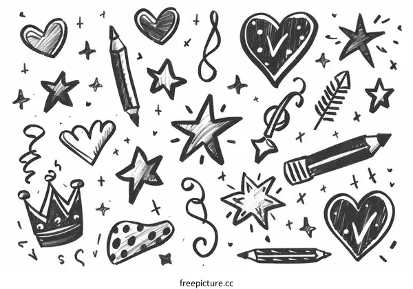 Various sketchy hearts, stars, and other symbols