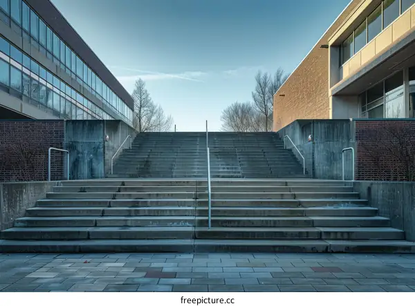 Long flight of stairs between two brick buildings