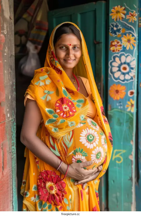 Portrait of a pregnant Indian woman in a yellow sari