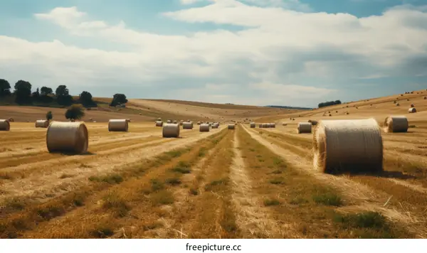Field of hay rolls under blue sky and white clouds