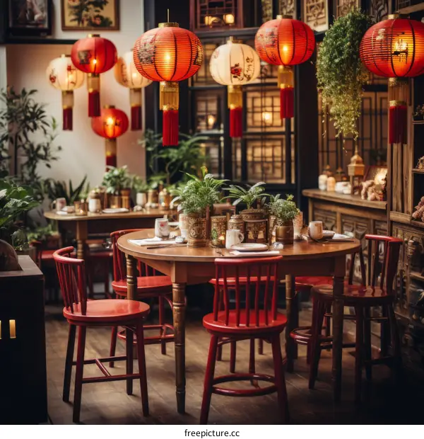 Red Chinese Round Table and Chairs in a Restaurant