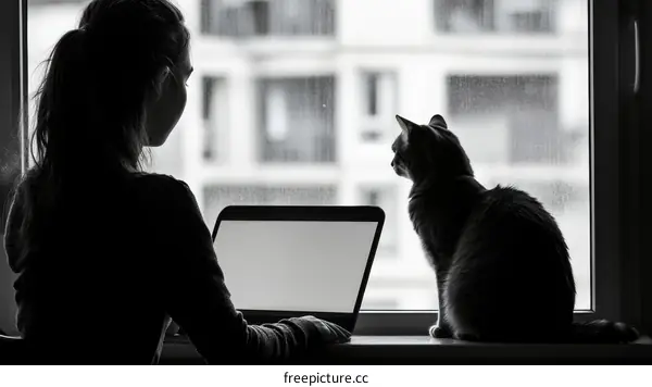 Woman Working From Home with Cat by the Window