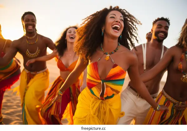Ecstatic Friends Dancing Together on a Sandy Beach