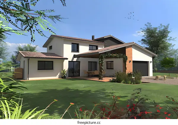 Modern House with Wooden Terrace and Green Garden