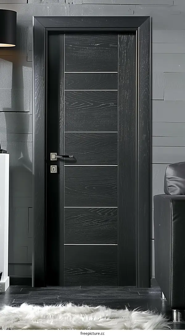 Modern interior design of a house with a dark wooden door