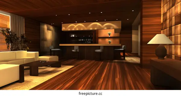 Modern Home Interior Design with Wooden Bar and Living Room