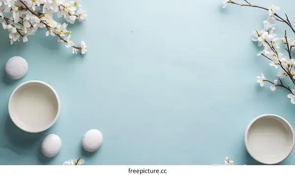 White Flowers and Bowls on Blue Background