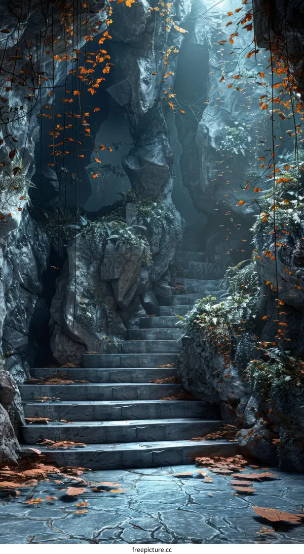 Ancient Stone Stairway in a Mysterious Cave