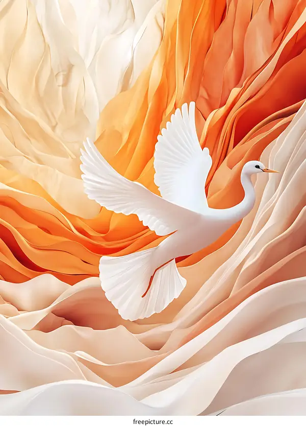 White Dove Flying in Orange and White Abstract Background