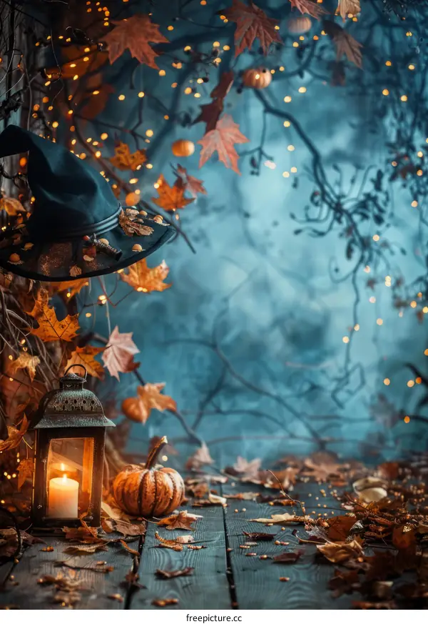 Mystical autumn forest with witch hat, lantern and pumpkin