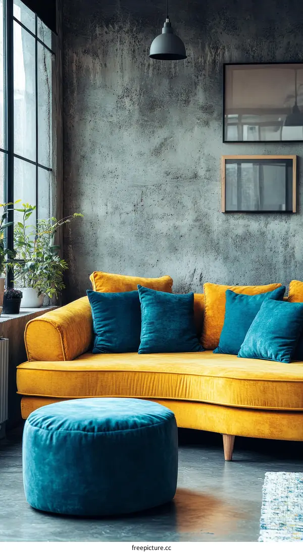 Modern Living Room Interior Design with Mustard Yellow Sofa and Teal Pouf