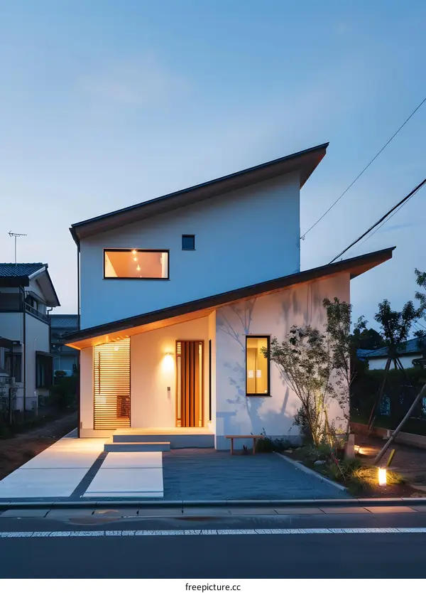 Modern Japanese House with Unique Roof Design at Dusk