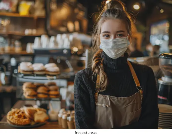 Portrait of a young waitress wearing a mask in a cafe