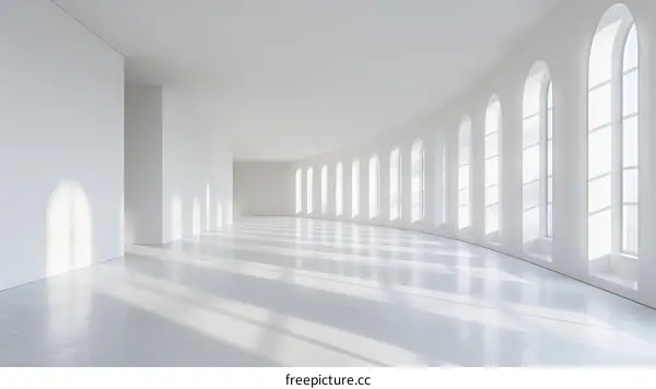 Large bright empty white room with arched windows