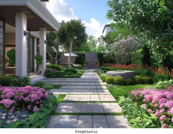 Modern Villa Courtyard Design with Stone and Plants