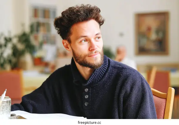 Thoughtful Man in a Cozy Cafe Setting