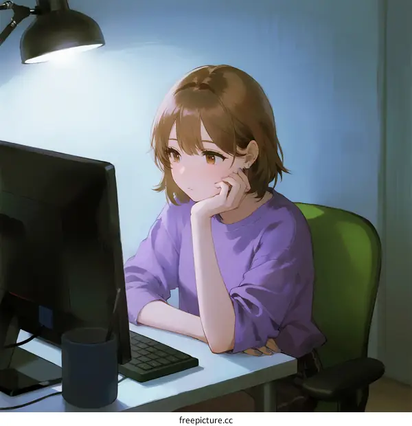 Young woman sitting at desk using computer in dim room
