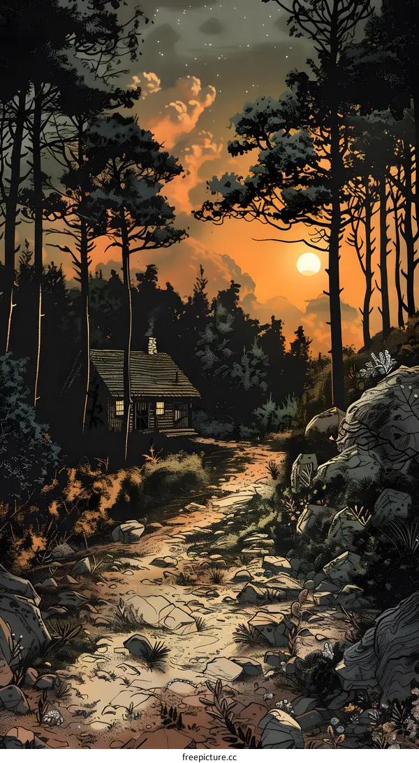 A cabin in the woods at night