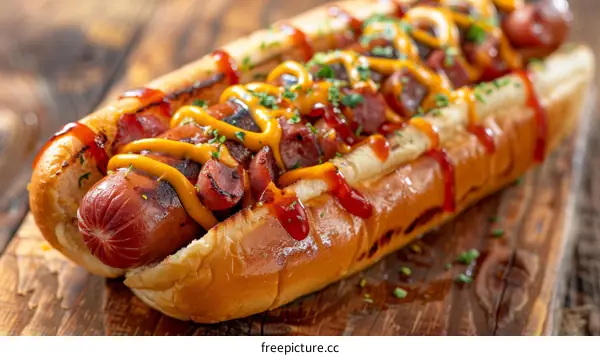 Hotdog with mustard, ketchup and bacon