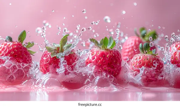 Close-up image of fresh strawberries with water splash