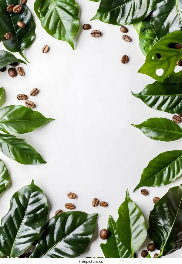 Green Coffee Leaves and Beans on White Background