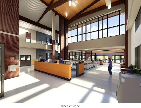 Modern Lobby Interior Design with High Ceilings and Large Windows