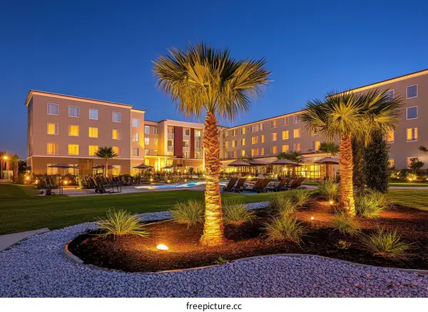 Modern Hotel at Dusk with Lush Landscaping