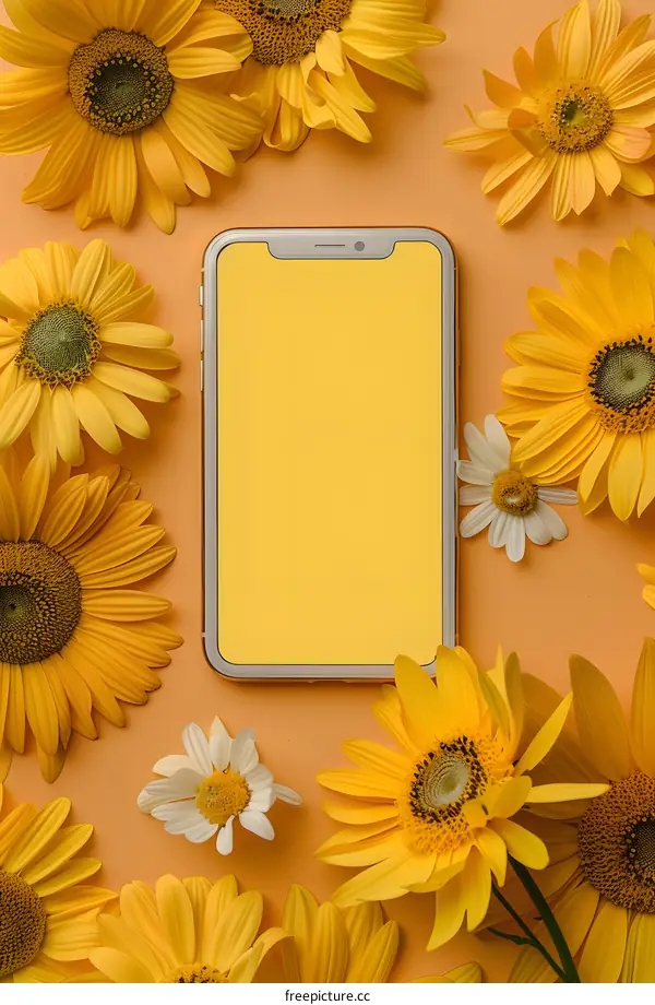 Yellow Flowers and Smartphone Mockup on Orange Background
