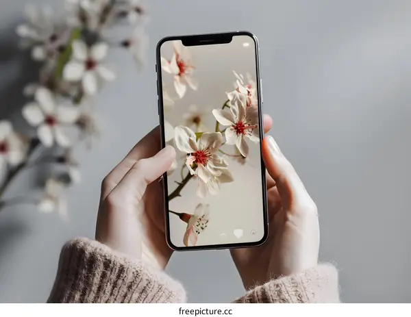 Close Up of a Hand Holding a Smartphone with a Photo of Blossoms on the Screen
