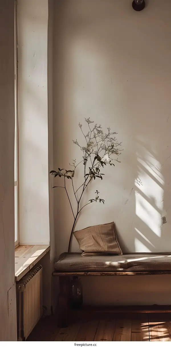 Minimalist Interior Design with Wooden Bench and Sunlight