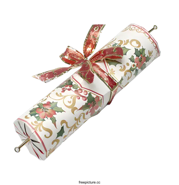 [Transparent Background PNG]Christmas Cracker with Red Ribbon and Holly Design